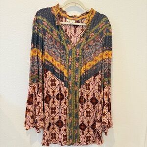 UMGEE Daydream Believer Multi Print Boho Mini Dress Tunic Bell Sleeve Whimsigoth